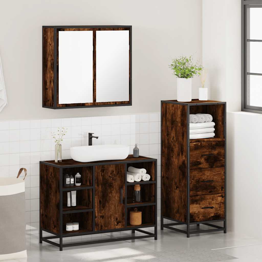 3 Piece Bathroom Furniture Set Smoked Oak Wood Based Material