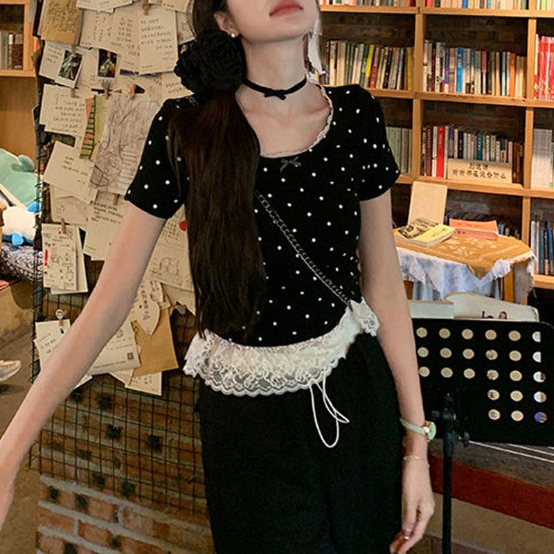Polka Dot Bow Pullovers Women's Lace Patchwork Summer Slim Short Sleeve French Style Gentle O-Neck T-shirts New