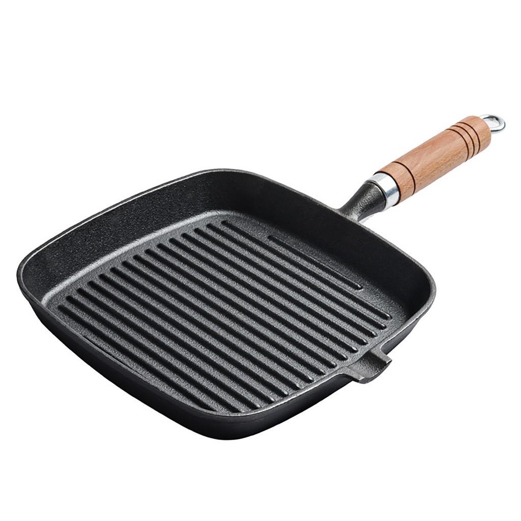 Steak Grill Pan with Wooden Handle 8.7in Thickened Bottom Even Heating Nonstick Grill Pan with Pour Spout for Indoor