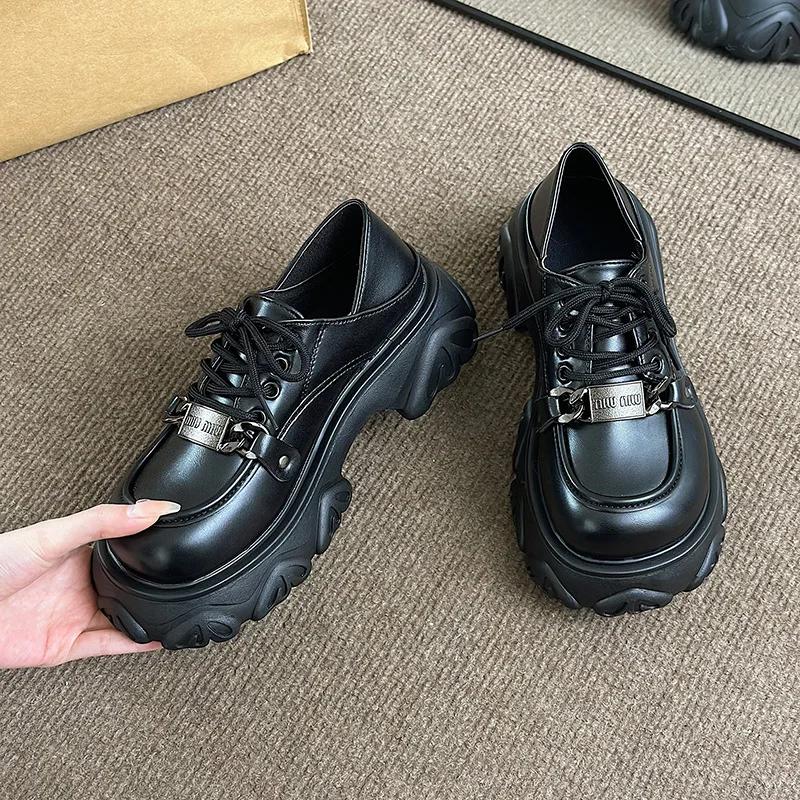 

2024 Осень Новые Маленькие Кожаные Туфли на Шнуровке Женские Повседневные Лоферы на Платформе в Британском Стиле Нишевые Одинарные Туфли 35 чёрный