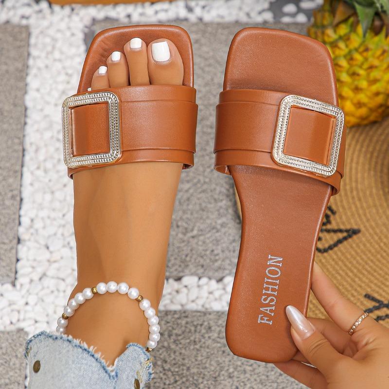 Fashion Plus Size Flip Flops Summer New Square Toe Open Toe Metal Buckle Soft Sole Non-slip Wear-resistant Flats