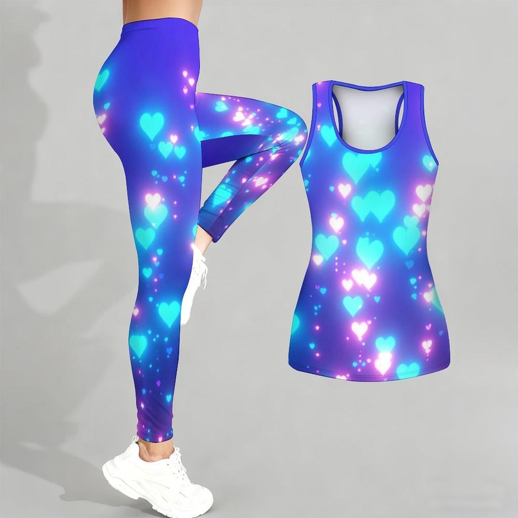 Heart Shaped Pattern Print Yoga Outfit for Women Fashion Workout Leggings Fitness Sports Casual Yoga Set Sports Suit Valentine's Day Exclusive