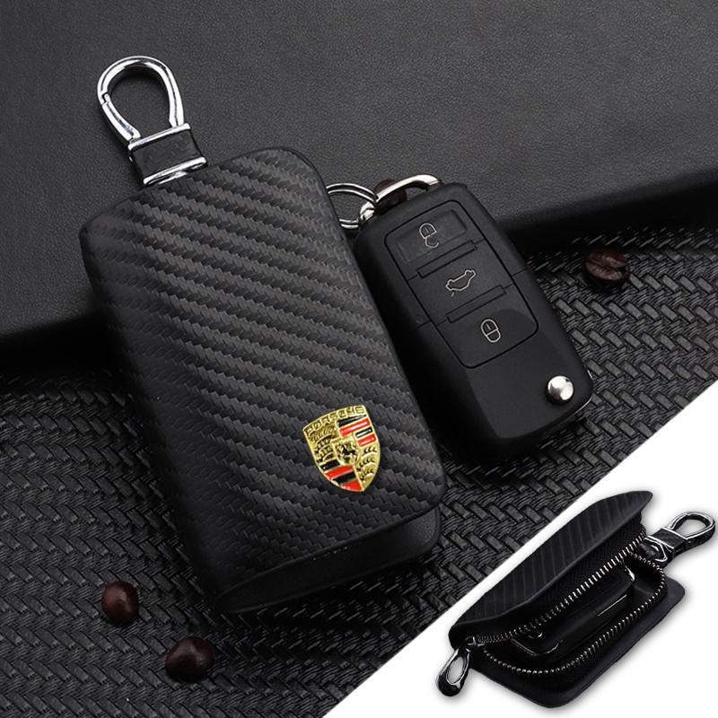 Carbon Fiber Car Key Case Key Bag Keychain Accessory For Porsche Cayenne Panamera Macan 911 718 Taycan Boxster Cayman 918 Pajun