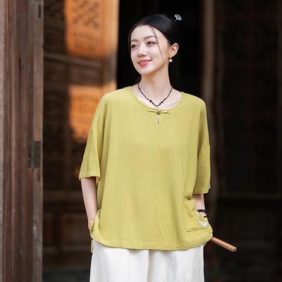 Damen Vintage T-Shirts Patchwork Taschen O-Ausschnitt Kurzarm Sommer Chinesischer Stil T-Shirts