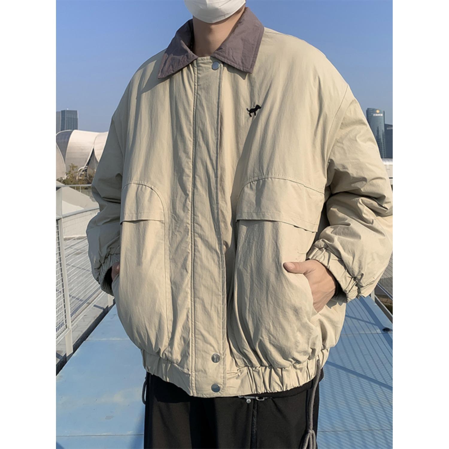 Winter Matcha Green Color Block Lapel Cotton Jacket - Trendy Loose Fit & Thickened for Couples L