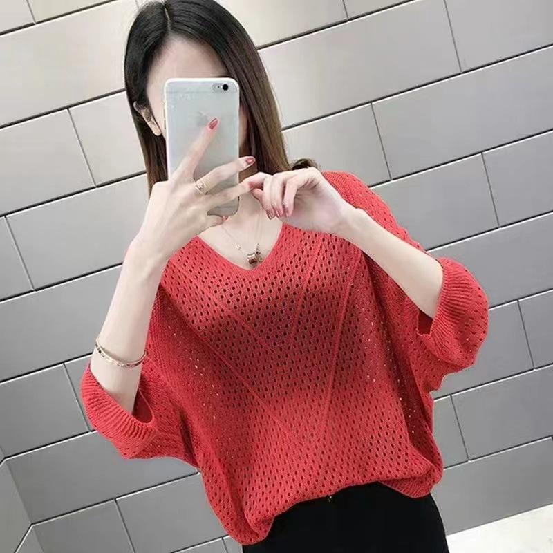 Seven-quarter-sleeved Short Top Summer Thin V-neck Bat-sleeved T-shirt Women's Blouse Loose Large Size Hollow Knitted Sweater Women's