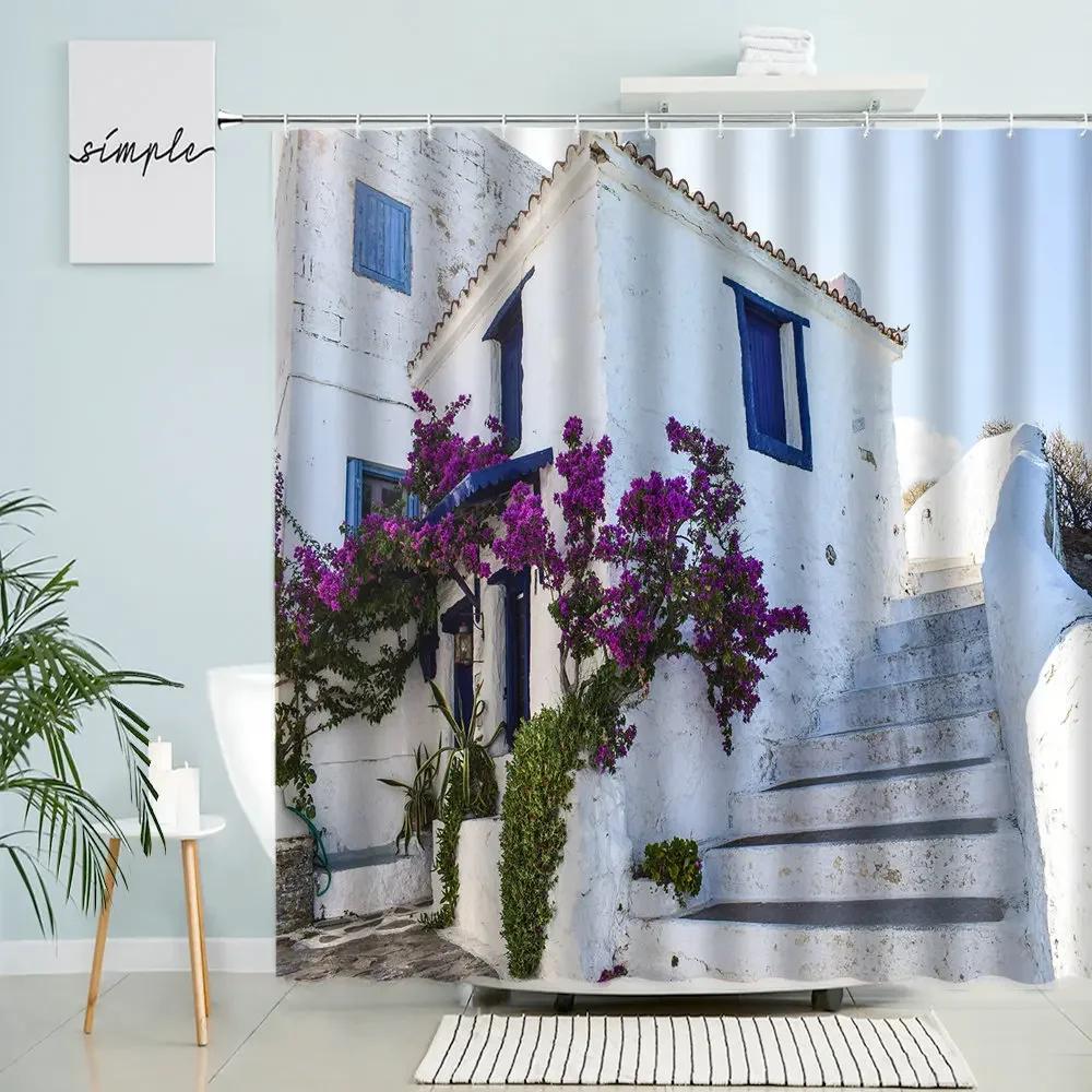 Greece Street View Shower Curtain Country Retro Town Spring Green Plants Flowers Vines Scenery Bathroom Decor With Hook Screen