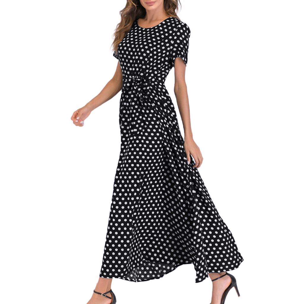 Fashion Women  Short Sleeve Beach Polka Dot Bandage Long Maxi Dress