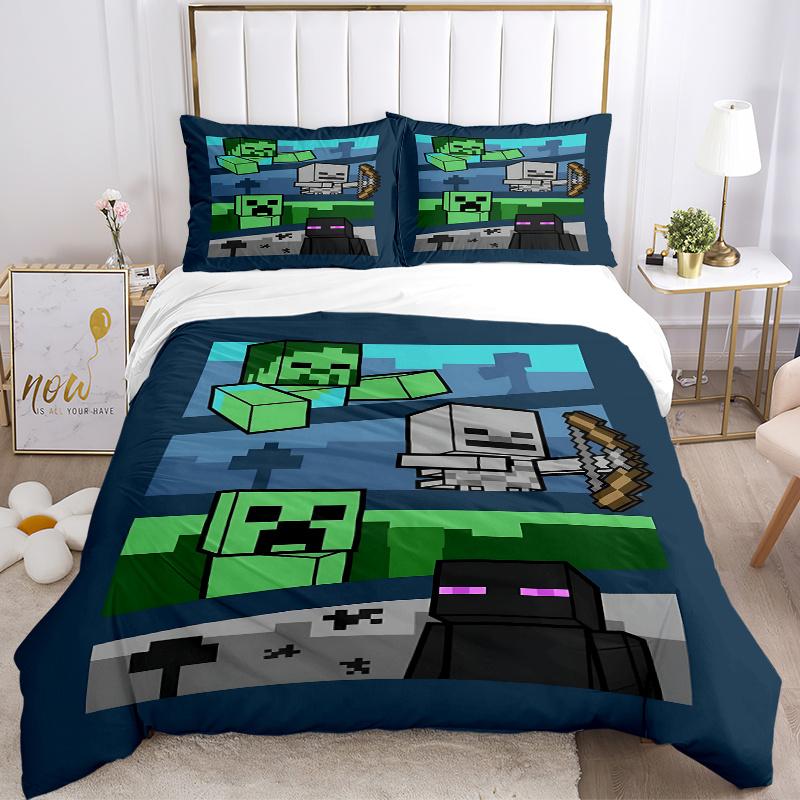 3pcs Minecraft Creeper, Skeleton, Enderman Pixel Art Home Decor Bedding Set-Universal Three-Piece Suit for Bedroom, Guest Room, Living Room,
