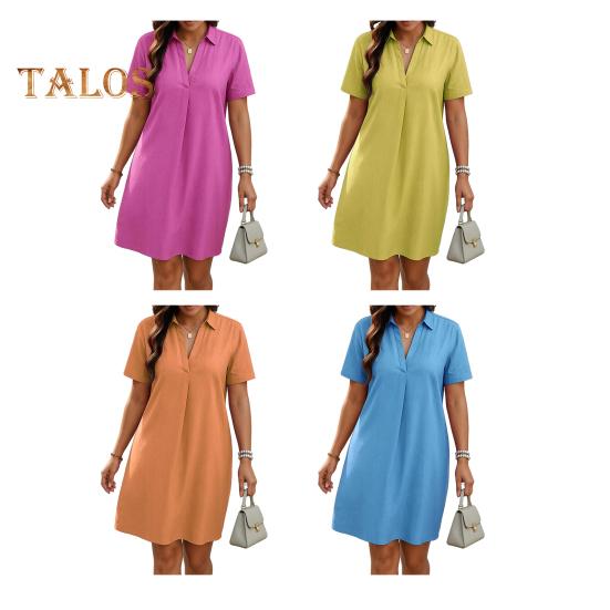 Women A-Line Dress V-Neck Lapel Short Sleeve Solid Color Summer Dress Loose Fit Lightweight Casual Dress