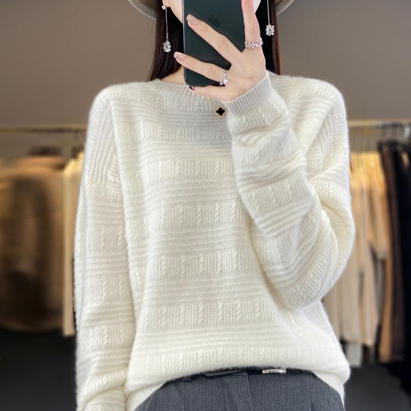 Women's Loose Wool Crochet Sweater - Round Neck Knitwear, Hollow Design, Autumn/Winter Versatile Style