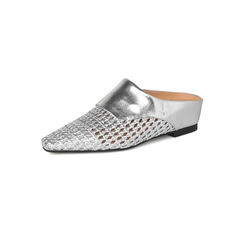 

Модные НОВЫЕ Летние Женские Мюли из Спилковой Кожи, Женская Обувь с Закрытым Носком на Тапочках-Танкетке, Сандалии Слингбэк с Острым Носком, Повседневная Плетеная Обувь 39 серебряный