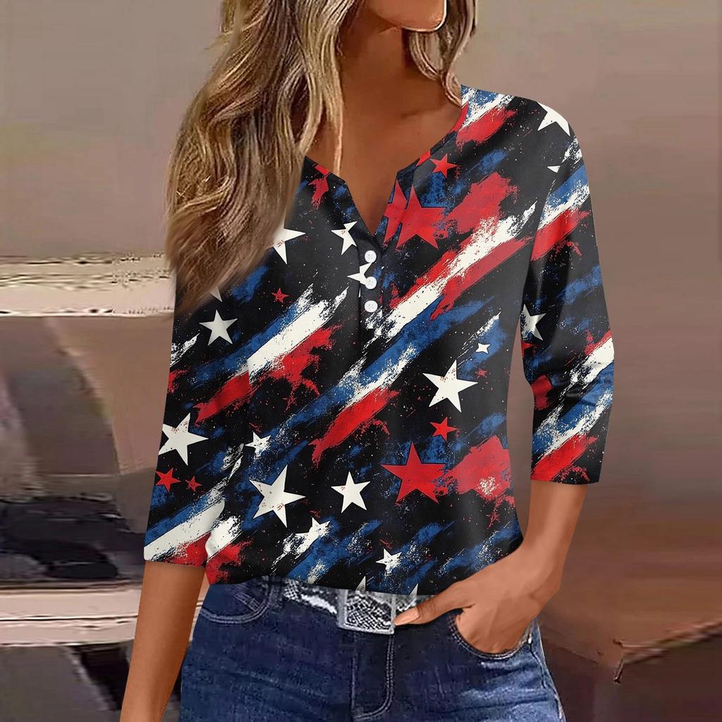 Women's T Shirt Independence Day Print Button 3/4 Sleeve Daily Weekend Fashion Basic V- Neck Regular Top