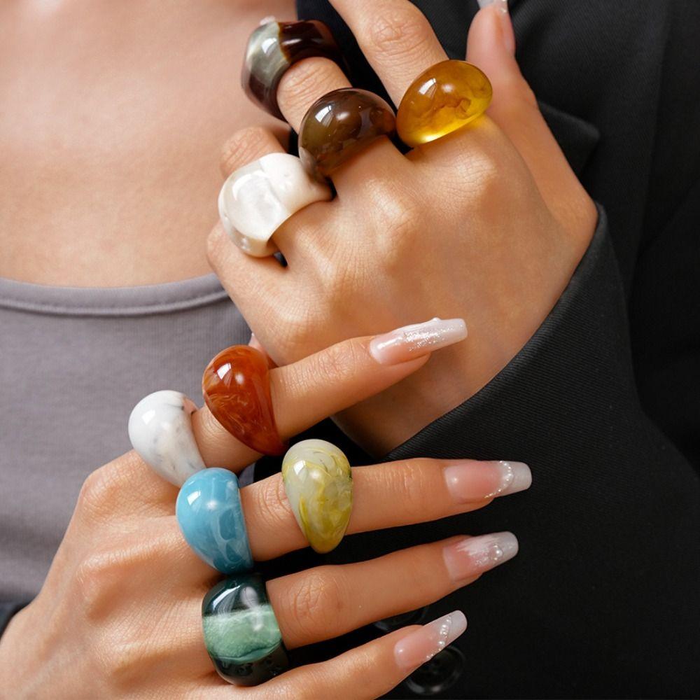 Oval Wide Transparent Resin Ring Melard Color Irregular Ring Retro Acrylic Geometric Ring  Girls