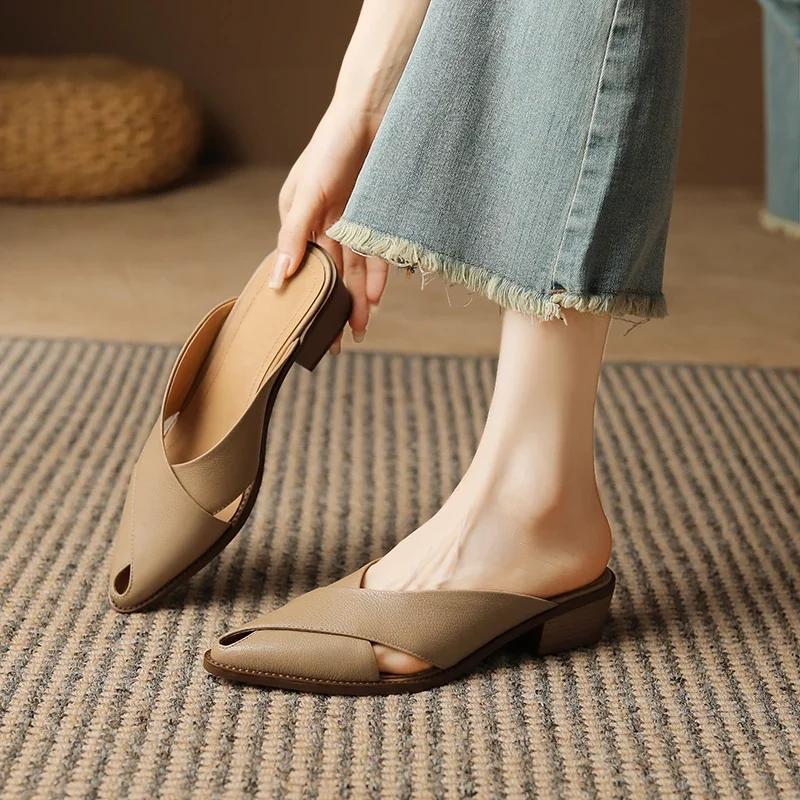 Fashion 2024 Summer Slippers Women Genuine Leather Shoes for Women Pointed Toe Chunky Heel Mules Sandals Women Hollow Out Ladies Shoes