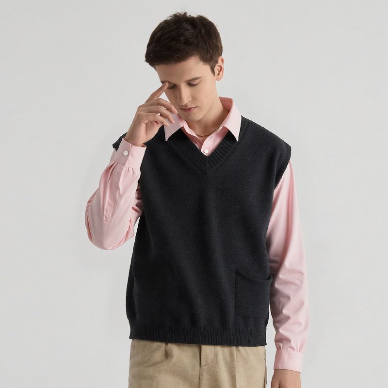 Thousand Paper Cranes Men's Design-Inspired Solid Color Knitted Vest, Korean Style Trendy and Unique Loose V-Neck Sweater Vest 935