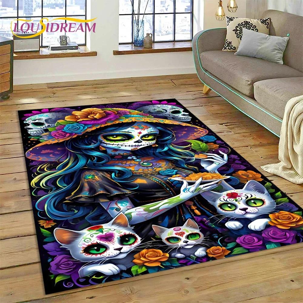 Totenkopf Totes Mädchen 3D Gothic Horror Weiblich Rose Teppich für Wohnzimmer Schlafzimmer Dekoration, Rutschfeste Dekoration für Sofa Fußmatte Geschenk