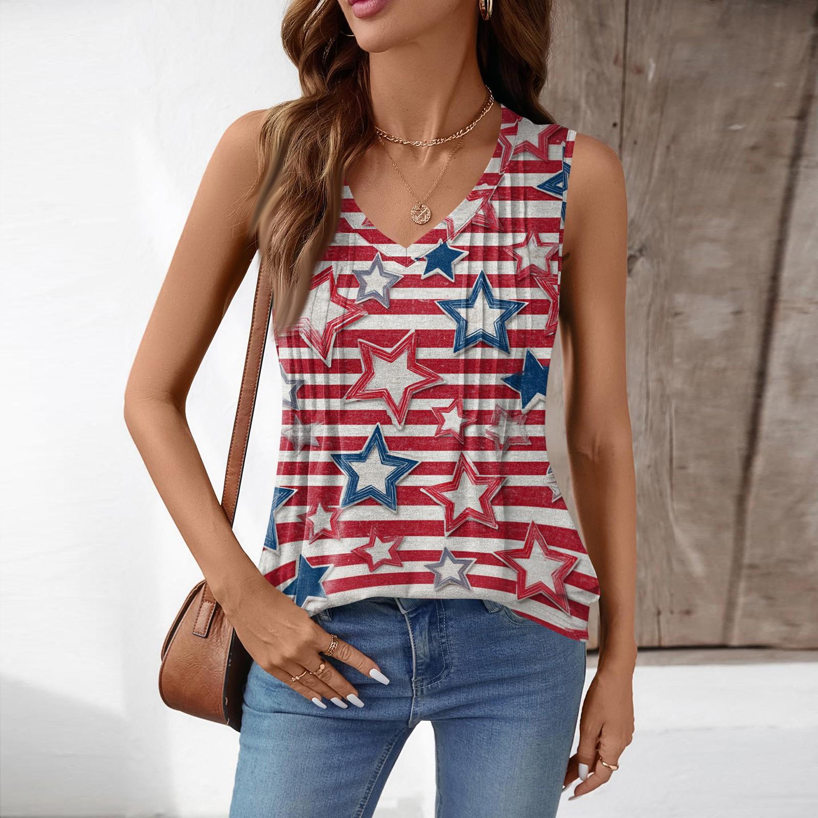 

Women s Sleeveless V Neck Tank Top Loose Fit Pleated Star Print Independence Day Shirt Summer Casual Blouse L червоний
