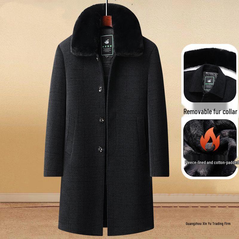 Men's Mid-length Woolen Coat - Thickened Chenille Jacket for Middle-aged & Elderly, Plus Velvet Winter Top