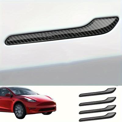 4pcs Set of Black Carbon Fiber Door Handle Covers for Tesla Model 3 & Y - Scratch-Resistant  Tape Polished Finish Amagi