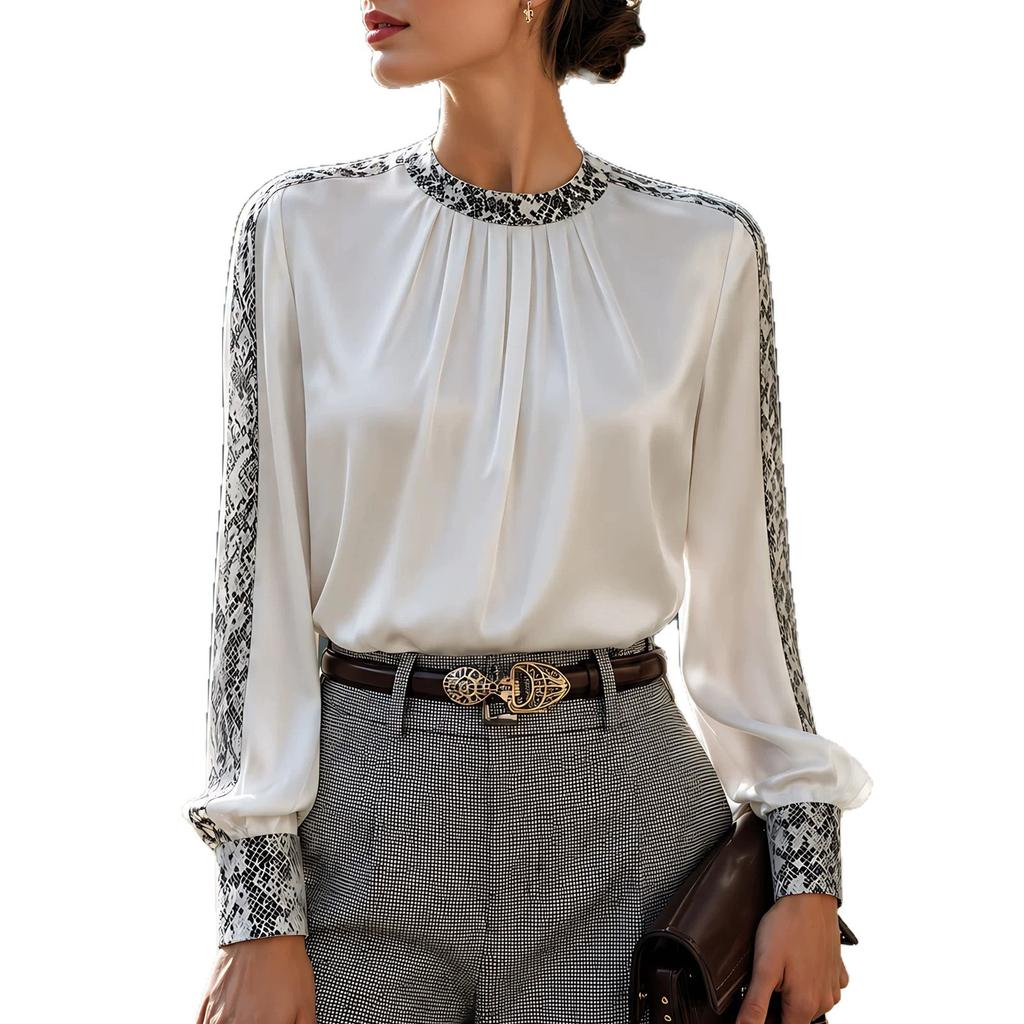 Satin-blend, Snake-print, Round-neck, Pleated, Loose-fit, Long-sleeved, Versatile Women’s Shirt