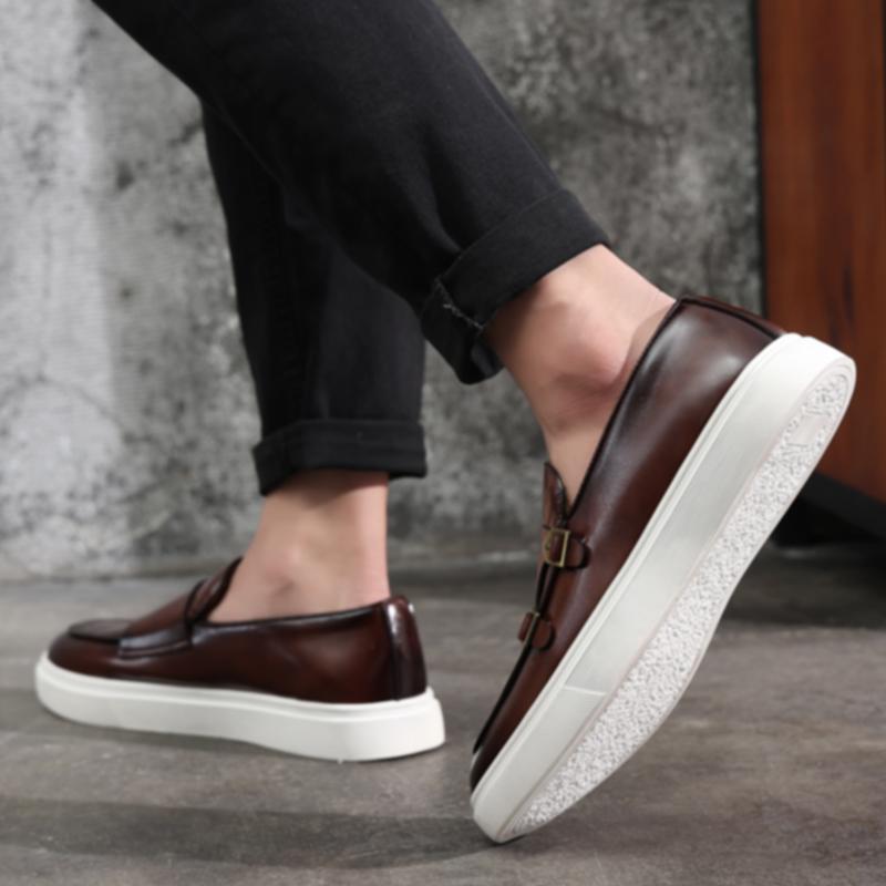 Fashion Black Men's Vulcanize Shoes Double Buckle Slip-On Brown Pu Leather Sneakers Shoes for Men with  Size 38-46