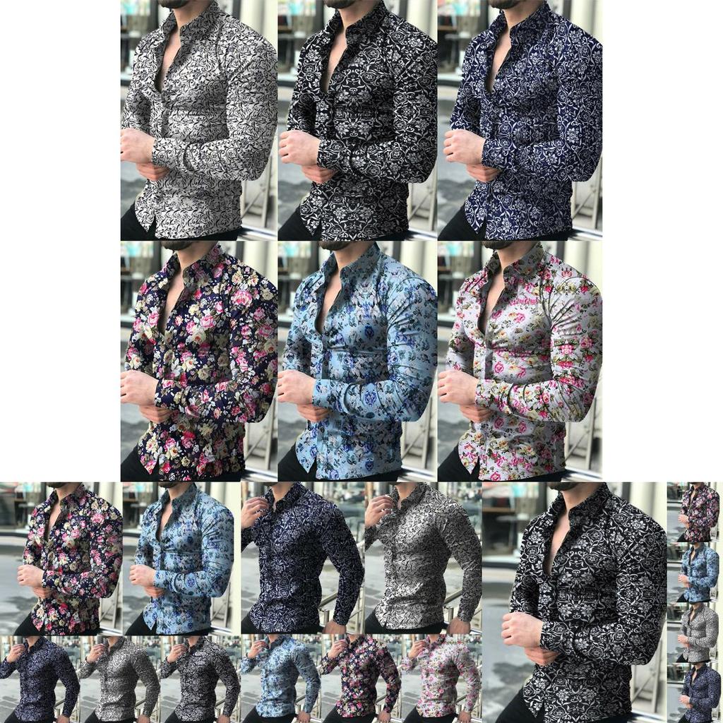 Stylish Men's Casual Long-sleeve Shirt With Trendy Floral Print And Slim Fit Design