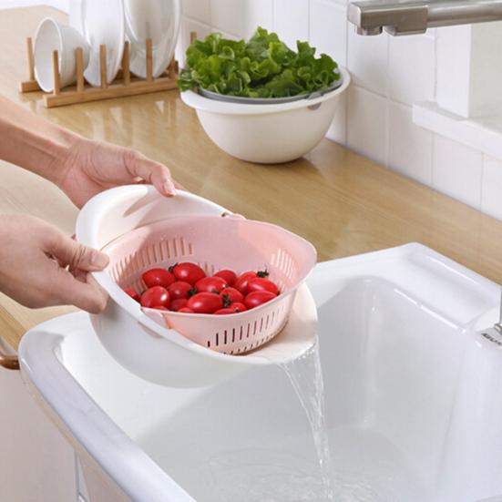 Dual Layer Rice Wash Strainer Kitchen Fruits Vegetable Cleaning Container Basket