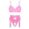 Womens Wet Look Patent Leather Lingerie Set Wire-free No Pad Bra Top High Waist Open Crotch Thong with Garter Clips for Clubwear