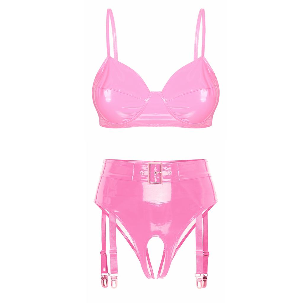 Womens Wet Look Patent Leather Lingerie Set Wire-free No Pad Bra Top High Waist Open Crotch Thong with Garter Clips for Clubwear