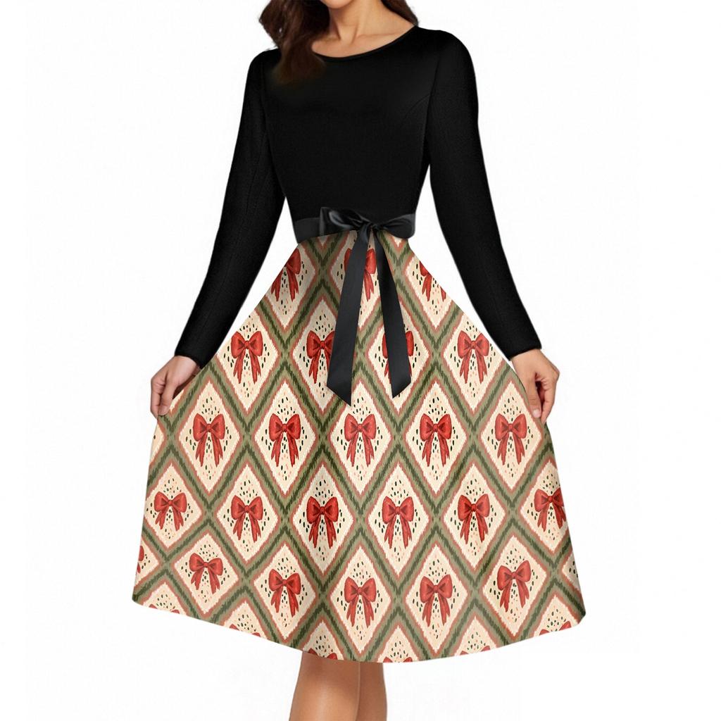 Women's Vintage Christmas Print Long Sleeve Round Neck Party Dress for Holiday Parties