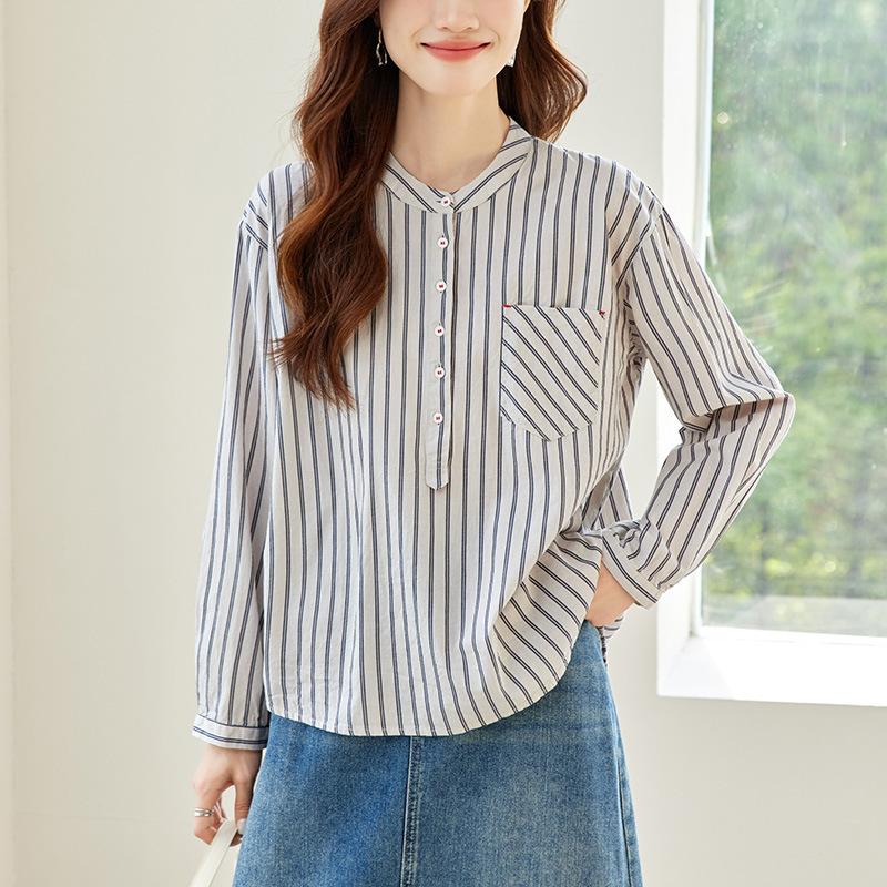 

Women s New Style of Versatile Striped Pullover Shirt with Loose Round Neck Temperament Long-sleeved Shirt M