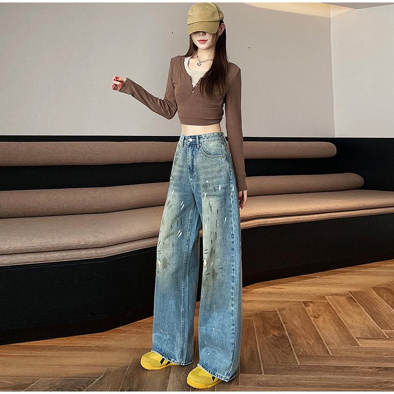 

Джинсы с высокой талией и широкими штанинами, женские свободные прямые джинсовые брюки, весна 2025, новые потертые повседневные хлопковые джинсы 2XL джинсовый синий