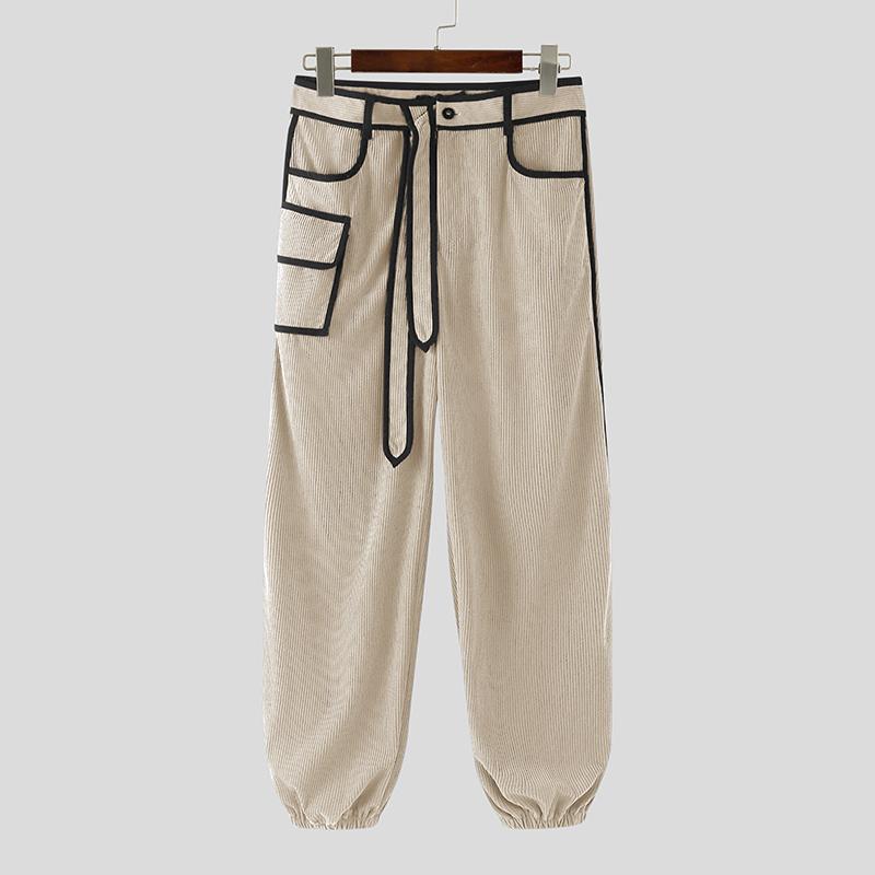 INCERUN Men Zip-up Waist Stitching Belt Corduroy Casual Long Harem Pants Trousers 