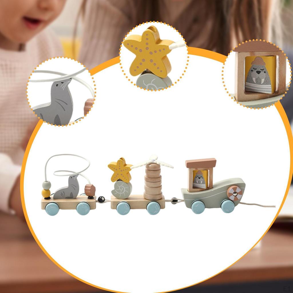 Ziehspielzeug Bausteine Bildung Holz Stapelzug Tier für Kinder Jungen Mädchen