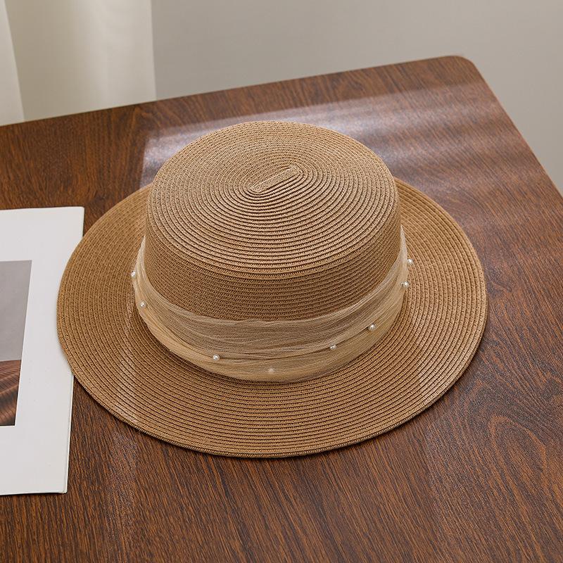 Lace pearl yarn with sun hat summer outdoor outing seaside beach big brim sun protection straw hat children