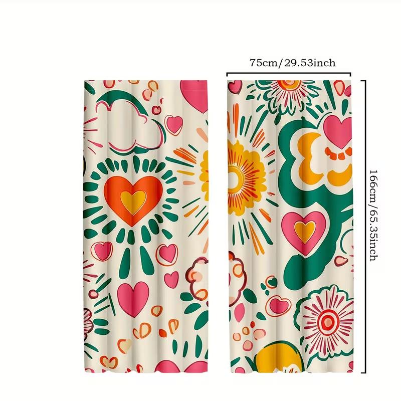 2Pcs Cartoon Heart Graffiti Print Curtains,suitable for Bedroom,living Room Kitchen Decoration,home Decoration,window Decoration