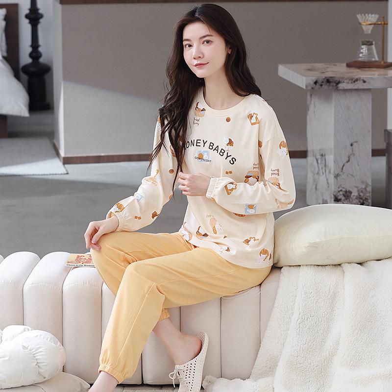 Aifen Teng Women's Pajamas Set: Pure Cotton, Long Sleeve, Long Pants, Casual Home Wear, Suitable for Spring, Autumn, and Winter.