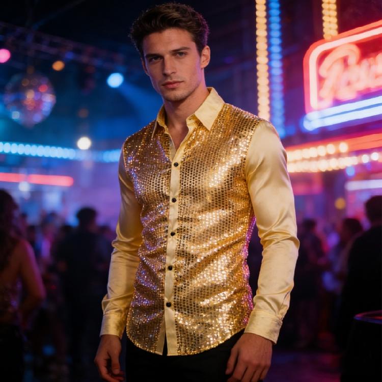 Men's Shines Sequins Long Sleeve Button Down Shirt for Halloween Cosplay 70s Disco Party Dress Shirt