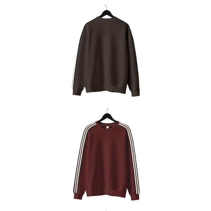 Loose Thin Seven Stripes Mens Waffle Crew Neck Casual Sports Breathable Sweatshirt