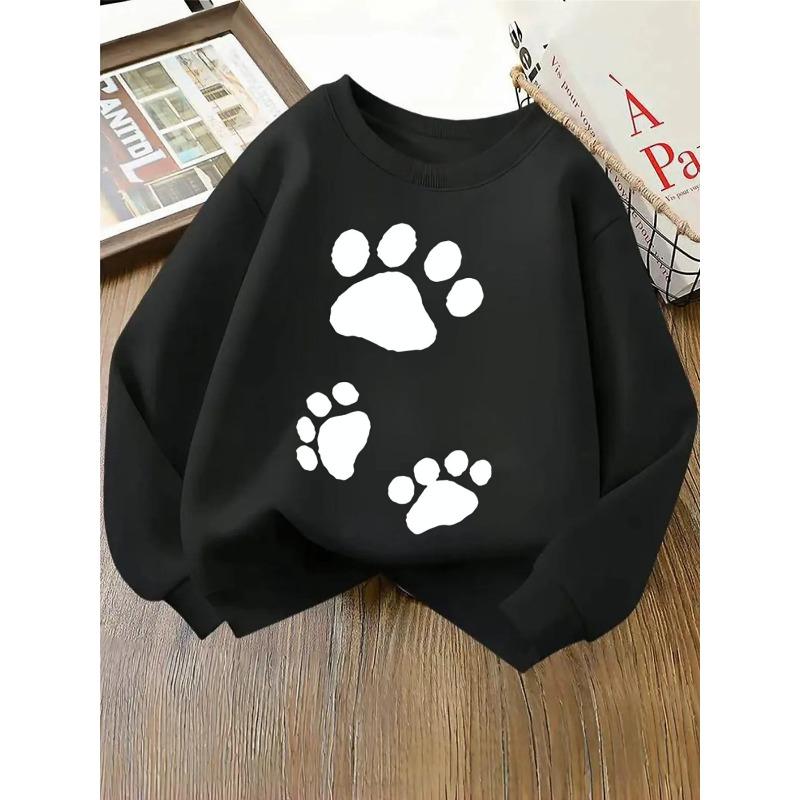 European sizes Kids' Crewneck Sweatshirt - Paw Prints Pattern Black White, Sportswear And Casual Wear, Soft And Comfortable, Clothing, Teenagers