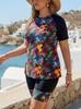 Plus Size Sun Protection Swimwear: Floral Two-Piece Vest and Board Shorts Set