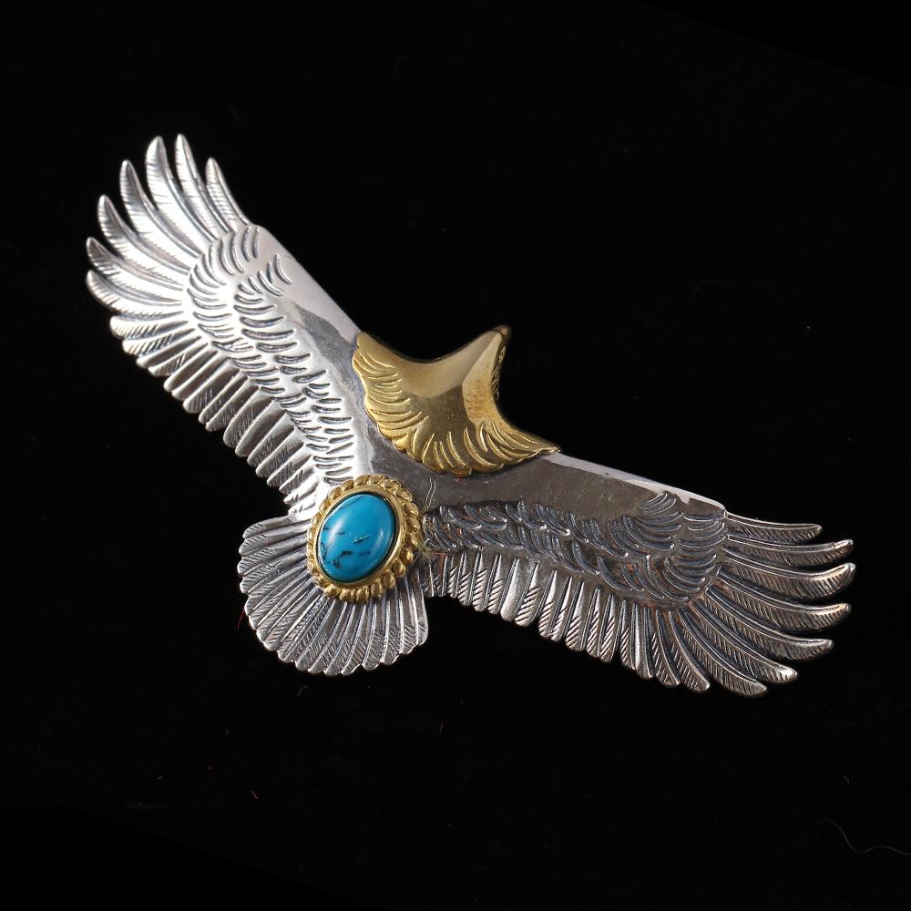 S925 Sterling Silver Jewelry Thai Silver Handmade Turquoise Gold Head Eagle Fashion Pendant for Men