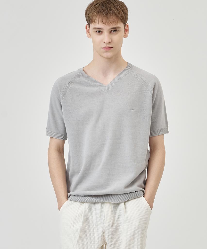 THE-ABON Arm Warmer V-Neck Short-Sleeve Knit Tee Gray