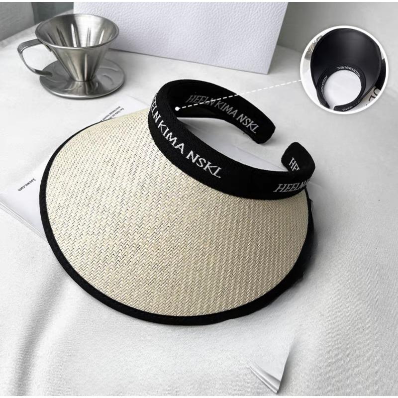 New Summer Vinyl Sun Protection and UV Headband  Straw Woven  Adult Empty Roof Letters  Large Hat Brim  Small Face