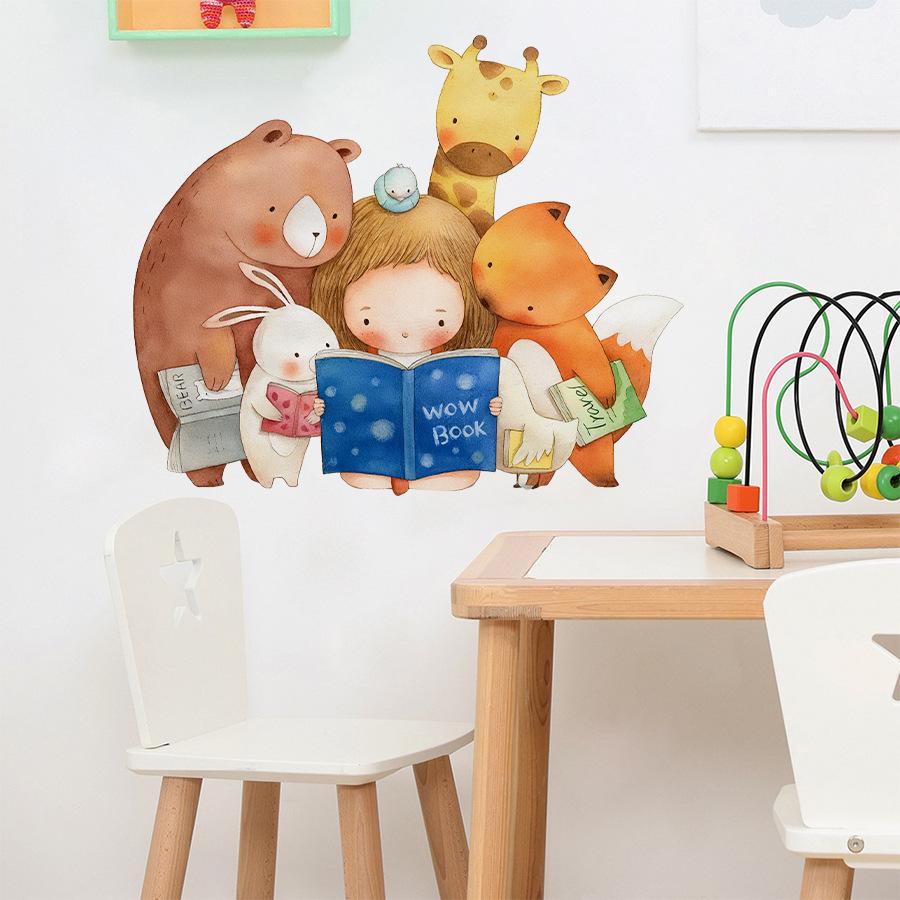 Girl and Animals Reading Theme Self Adhesive Wall Sticker for Kids Room Early Learning Center Warm Home Decor
