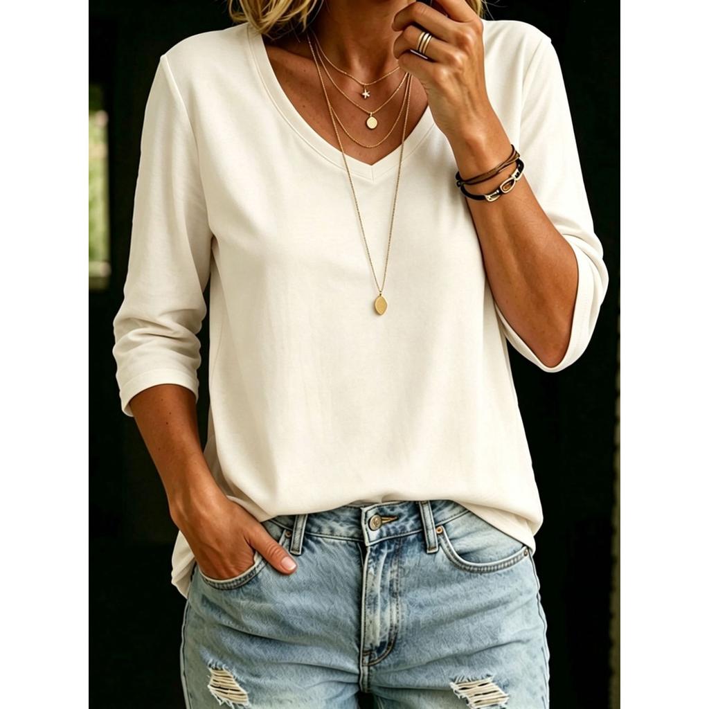 Women's V Neck Three Quarter Sleeve Tee Tops Loose Solid Color Basic Casual Blouse