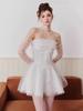 French Fairy Lace Bandeau Dress with Mesh Ribbons & Cinched Waist A-line Skirt for a Slimming, Fluffy Rich Girl Look