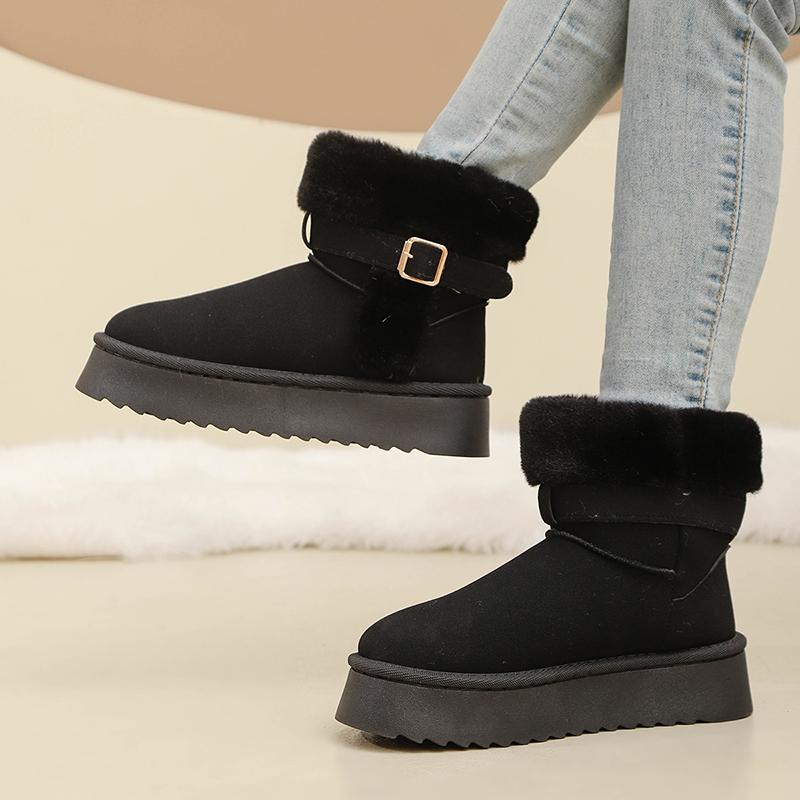 Fashion Faux Fur Winter Ankle Boots Women Fashion Buckle Anti Slip Platform Snow Boots Woman Plus Size Faux Suede Warm Short Booties
