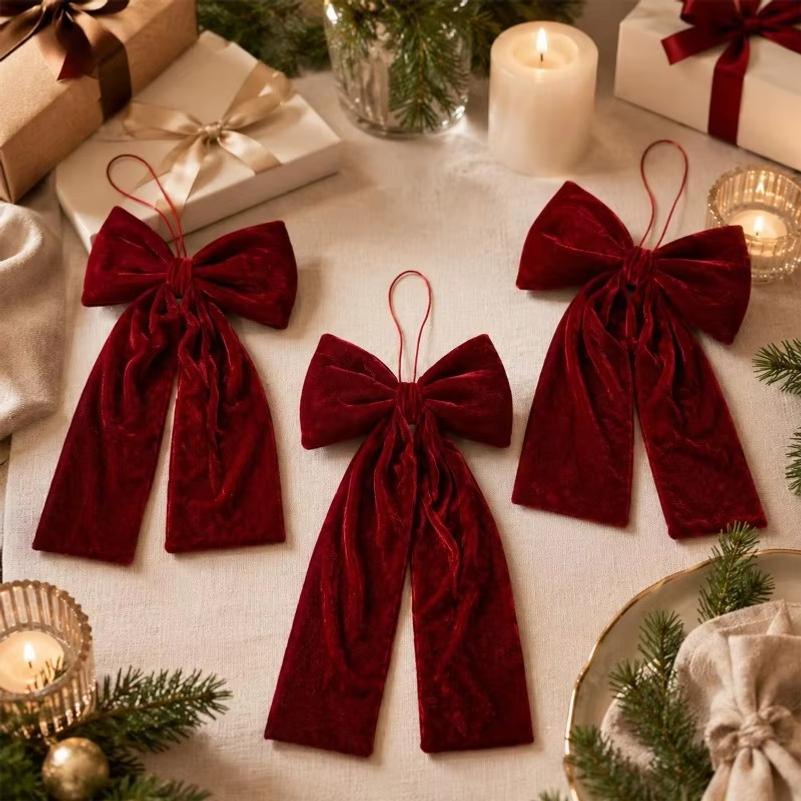 Christmas Bowknot Pendant Hanging Xmas Ornament DIY Home Party Christmas Tree Decorations Velvet Bow Burgundy Style Supplies